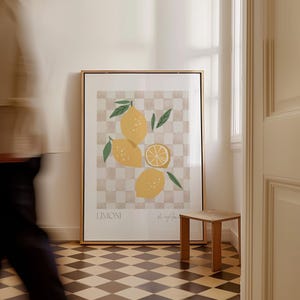 Lemon Printable Art Kitchen Wall Art, Lemon Poster Fruit Market Print, Checker Kitchen Decor Watercolor Fruit Print, Neutral Kitchen Decor image 2