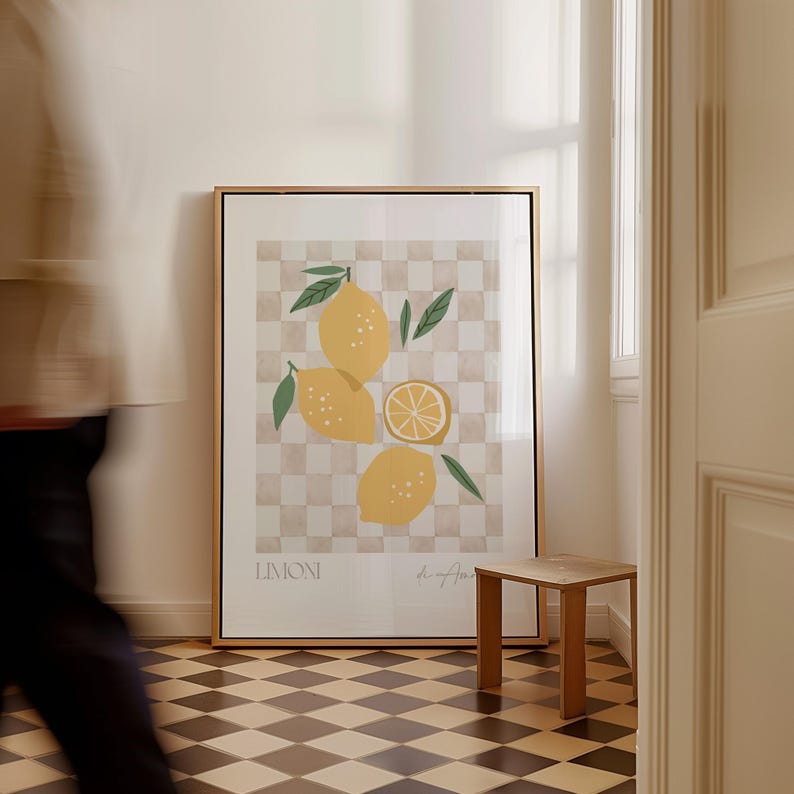 Lemon Printable Art Kitchen Wall Art, Lemon Poster Fruit Market Print, Checker Kitchen Decor Watercolor Fruit Print, Neutral Kitchen Decor image 2