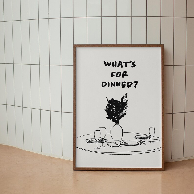 What's for Dinner Printable Art Black & White Kitchen Decor, Wine