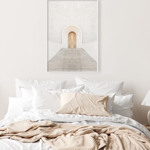 May include: A white minimalist print featuring a wooden door at the top of a set of stairs with white railings. The door is set in a white archway.