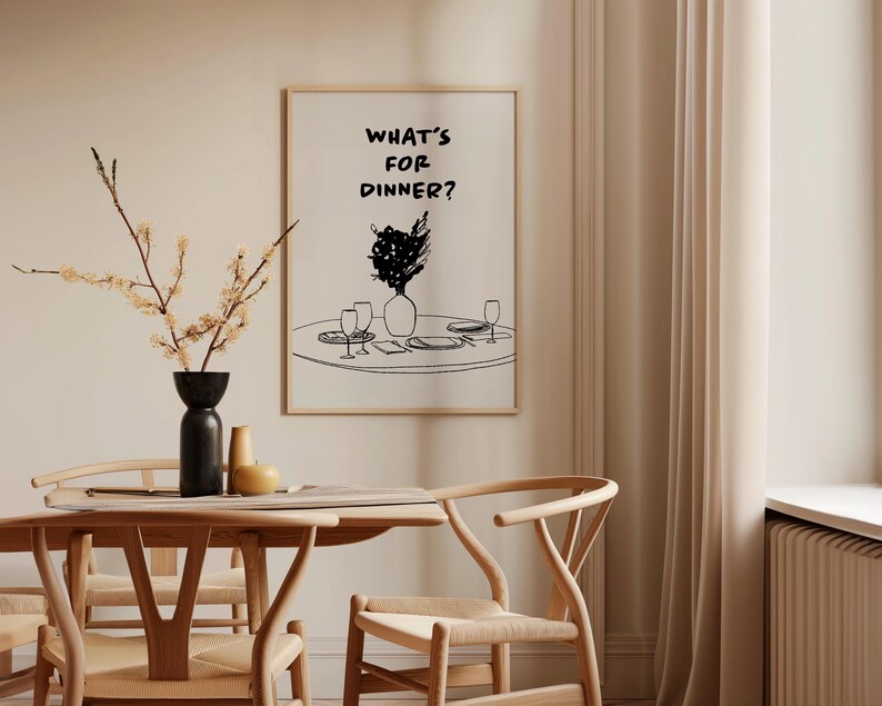 What's for Dinner Printable Art Black & White Kitchen Decor, Wine