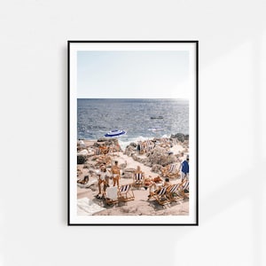 Stampa Capri, ombrelloni da spiaggia Fontelina, arte stampabile, poster da parete della Costiera Amalfitana, decorazione costiera blu e bianca, fotografia di spiaggia italiana