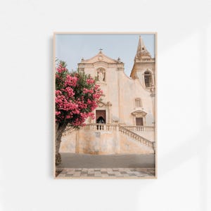 Pink Church Printable Art Taormina Photography, Pink Southern Italy Wall Art Mediterranean Europe Wall Art, Sicily Summer Poster