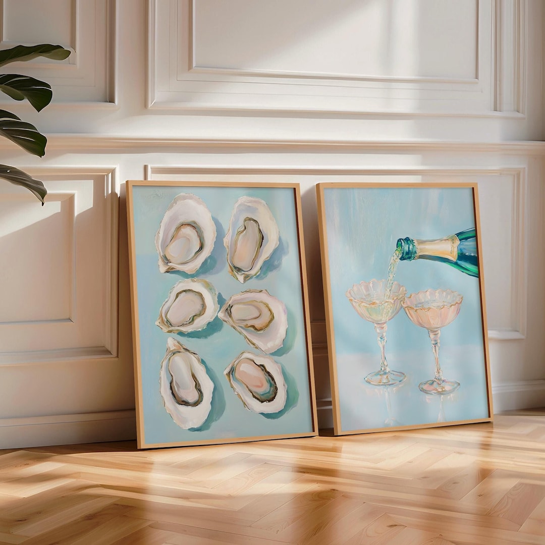Oysters & Wine Printable Art Set of 2 Trendy Kitchen Decor, Pastel Blue ...