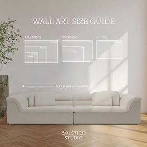 May include: A wall art size guide with US sizing, ratio ISO, and 50x70cm options. The guide includes dimensions like 8x10in, 11x14in, 18x24in, and 24x36in. The sofa below is 118in wide. The Solstice Studio logo is at the bottom.