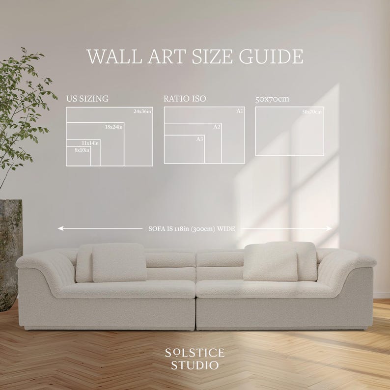 May include: A wall art size guide with US sizing, ratio ISO, and 50x70cm options. The guide includes dimensions like 8x10in, 11x14in, 18x24in, and 24x36in. The sofa below is 118in wide. The Solstice Studio logo is at the bottom.