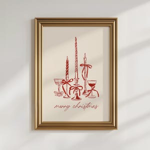 Kaarsen en strikken kerstprint coquette kerstposter, kerstcocktail muurkunst rood vrolijk kerstdiner decor, trendy kerstkunst