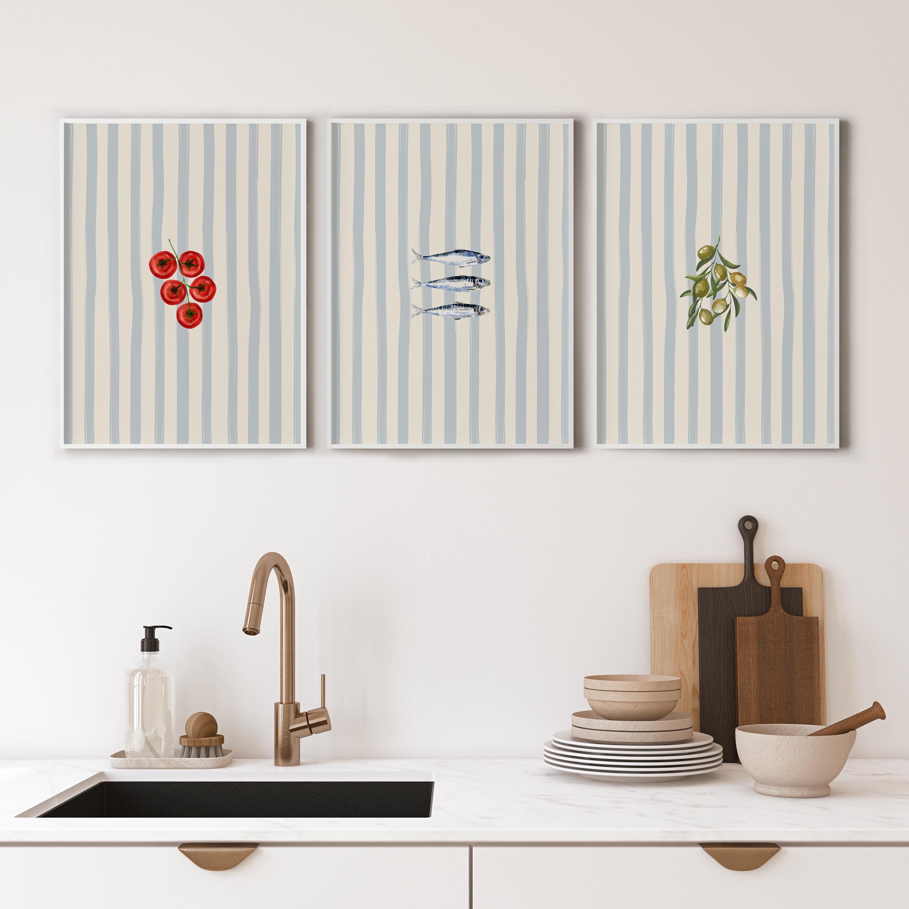 set of three mediterranean kitchen prints | framed... Mediterranean Kitchen Wall Art Set of 3, Blue Striped Sardines Print ...