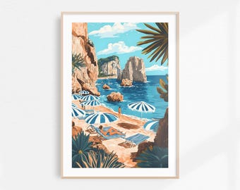 Capri Painting Amalfi Coast Watercolor Printable Art, Blue Capri Print Striped Umbrellas Illustration, Italy Wall Art Print Capri Wall Art