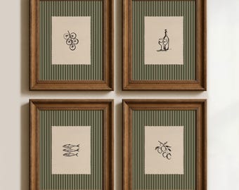 Conjunto de 4 pôsteres para cozinha em verde-oliva: Arte de parede listrada, ilustrações de comida mediterrânea para decoração de sala de jantar (pôsteres físicos)