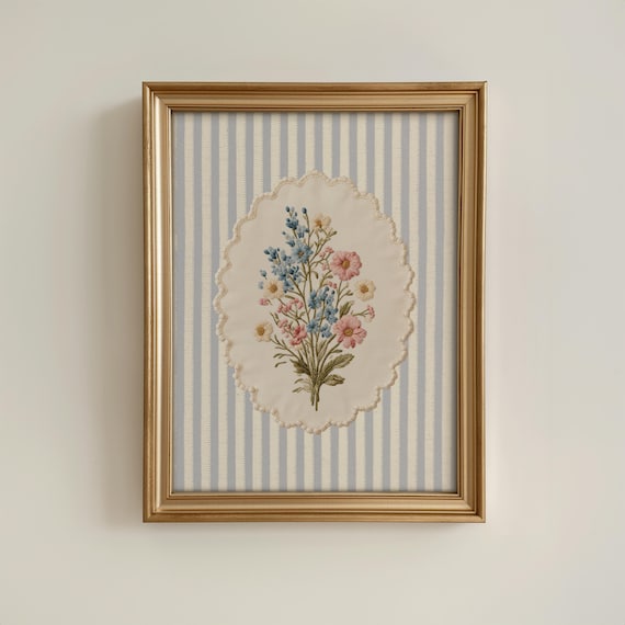 Vintage Embroidered Style Floral Print: Cottage Decor, Bouquet of Flowers Poster, Vintage Nursery Wall Art (Physical Print)