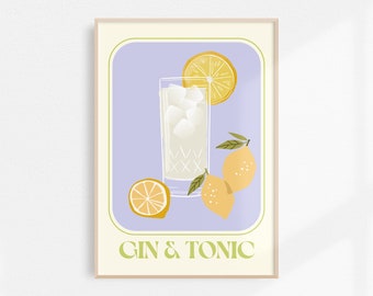 Gin & Tonic Printable Art Cocktail Bar Cart Wall Art, Gin and Tonic Poster Alcohol Poster Art Lemon Cocktail Wall Art, Blue Retro Wall Art