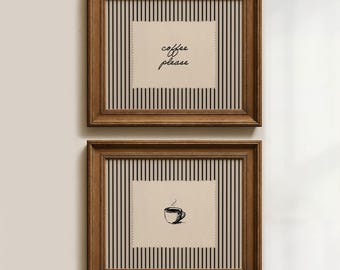 Coffee Bar Wall Art Set of 2: Horizontal Kitchen Wall Art, Vintage Coffee Prints, Black & White Striped Art (Physical Prints)