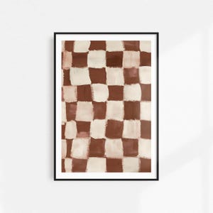 May include: Abstract art print featuring a brown and white checkered pattern. The print has a modern and minimalist aesthetic.