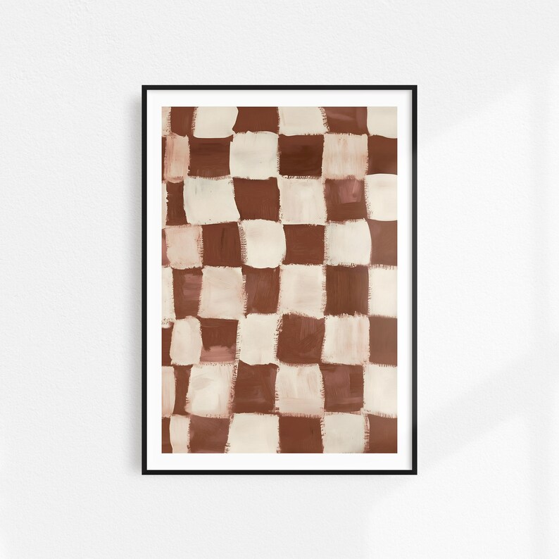 May include: Abstract art print featuring a brown and white checkered pattern. The print has a modern and minimalist aesthetic.
