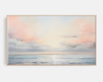 May include: A painting depicting a seascape with a gentle, pink and blue sky and a tranquil, blue ocean. The sky is adorned with fluffy clouds and the ocean is reflecting the light of the setting sun.