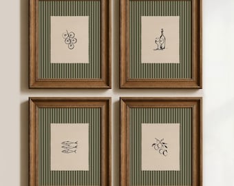 Conjunto de 4 pôsteres verde-oliva para cozinha: Arte de parede listrada, ilustrações de comida mediterrânea para decoração de sala de jantar (download digital)