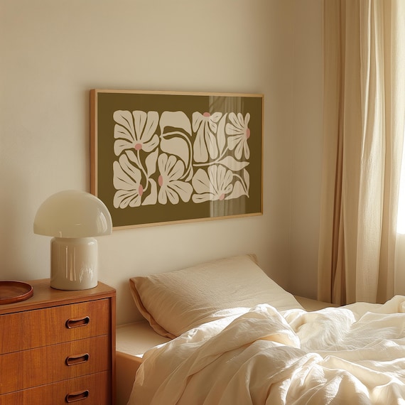 Olive Wall Art: Large Green Horizontal Wall Art, Green & White Japandi Print for Living Room, Floral Boho Printable Art