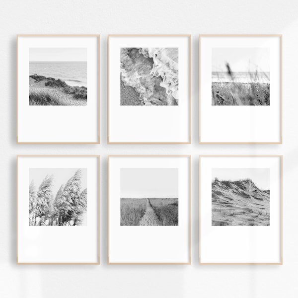 Ensemble de 6 tirages noir et blanc Beach Gallery Wall, tirages côtiers tirages nature noir et blanc, art imprimable océan blanc noir