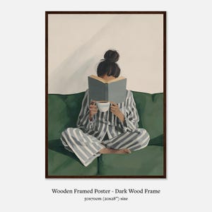 Bookish Wall Art: Woman Reading Print, Green Physical Print for Bedroom, Book Lover Wall Art Premium Matte Paper Wooden Framed Poster - Dark wood frame
