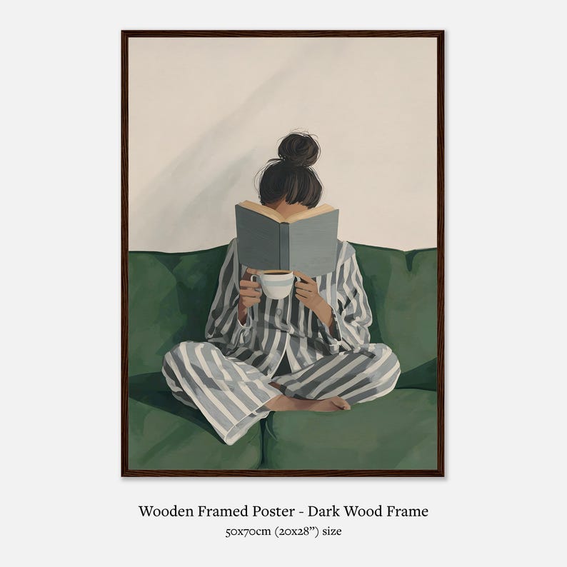 Bookish Wall Art: Woman Reading Print, Green Physical Print for Bedroom, Book Lover Wall Art Premium Matte Paper Wooden Framed Poster - Dark wood frame