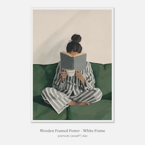 Bookish Wall Art: Woman Reading Print, Green Physical Print for Bedroom, Book Lover Wall Art Premium Matte Paper Wooden Framed Poster - White frame