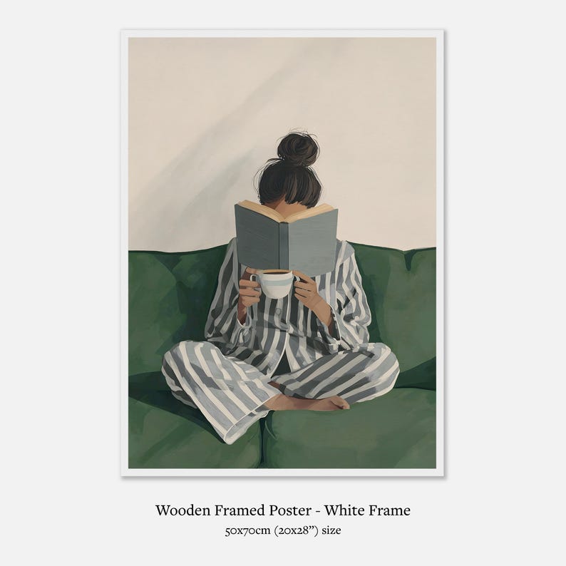 Bookish Wall Art: Woman Reading Print, Green Physical Print for Bedroom, Book Lover Wall Art Premium Matte Paper Wooden Framed Poster - White frame