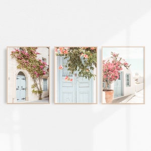 Santorini Prints: Set of 3 Greece Printable Art, Coastal Wall Art, Mediterranean Wall Art Pastel Blue, Pink & White Prints Instant Download