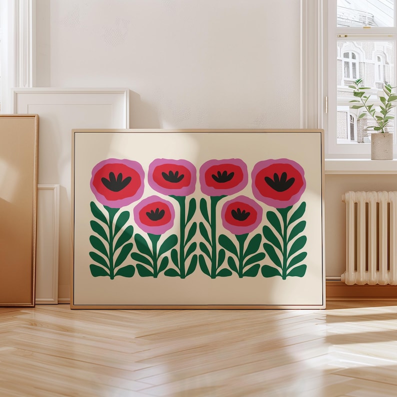 May include: A digital art print featuring a row of stylized pink and red flowers with black centers and green leaves on a cream background.
