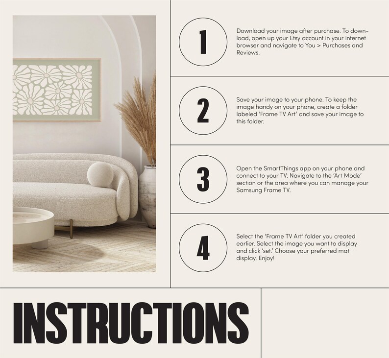 May include: Instructions for setting up a Samsung Frame TV with a digital art image. The steps are numbered 1 through 4. The image shows a living room with a couch and a framed image on the wall.