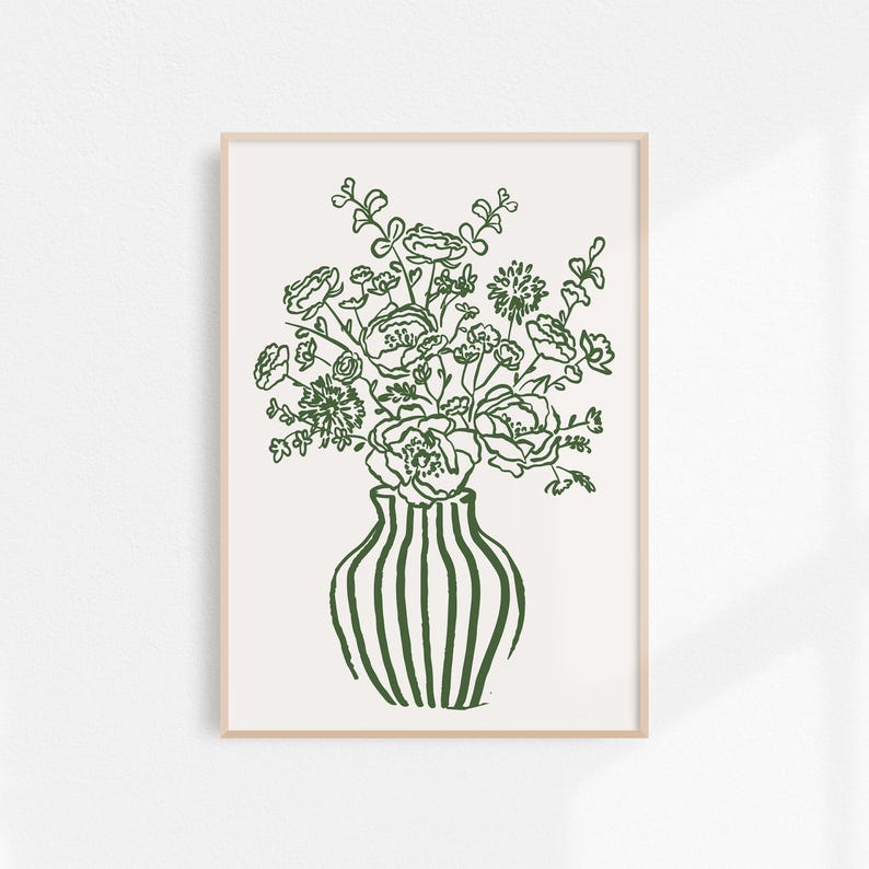 Green Floral Physical Print Trendy Vase Poster, Retro Stripe Vase Print