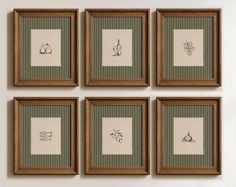 Arte Verde para Cozinha: Conjunto de 6 Ilustrações de Comida Mediterrânea, Arte de Parede Estilo Galeria Campestre, Arte Listrada para Sala de Jantar (Pôsteres Físicos)