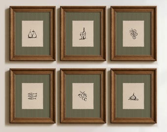 Conjunto de 6 peças de arte para cozinha verde: Ilustrações de comida mediterrânea, Arte de parede estilo casa de campo, Arte listrada para sala de jantar (Download digital)