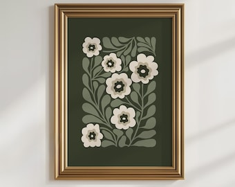 Stimmungsvolle Wandkunst grünes druckbare Kunst, Matisse-Stil Blumenplakat Salbei grüne abstrakte Blumenkunst, dunkelgrüner botanischer Druck, Boho Art