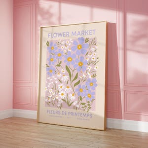 Spring Flower Printable Art, Flower Market Poster Aesthetic Decor, Vintage Floral Poster Pink Daisies Print, Pastel Wildflowers Print