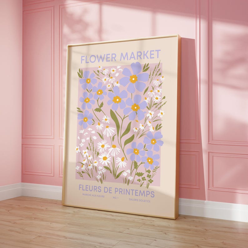 Spring Flower Printable Art, Flower Market Poster Aesthetic Decor, Vintage Floral Poster Pink Daisies Print, Pastel Wildflowers Print image 1