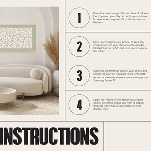 May include: Instructions for setting up a Samsung Frame TV with a digital art image. The steps are numbered 1 through 4. The image shows a living room with a couch and a framed image on the wall.