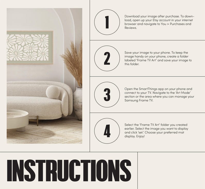 May include: Instructions for setting up a Samsung Frame TV with a digital art image. The steps are numbered 1 through 4. The image shows a living room with a couch and a framed image on the wall.