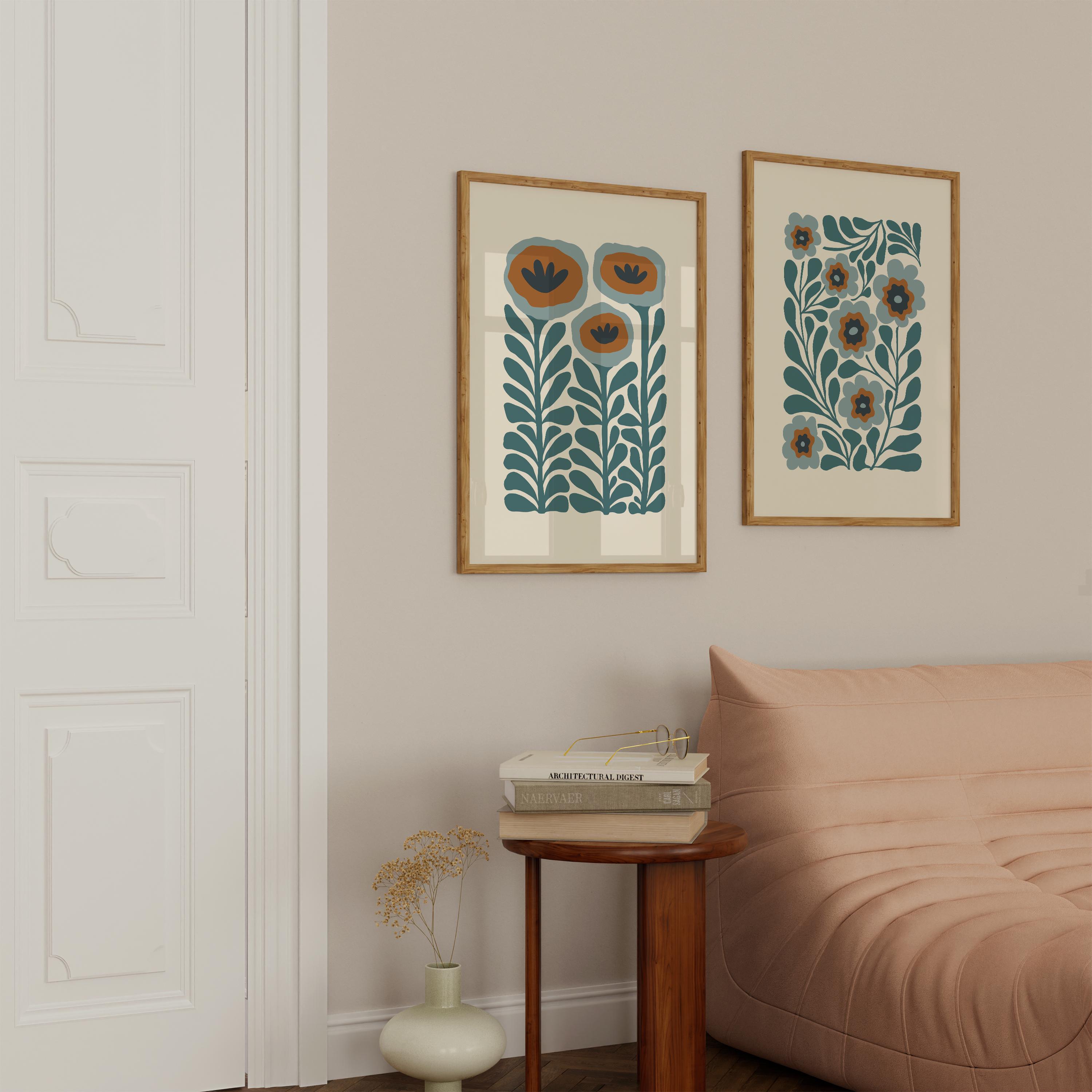 Teal Wall Art Flower Print Set of 2 Large Floral Poster, Abstract ...