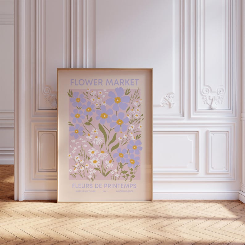 Spring Flower Printable Art, Flower Market Poster Aesthetic Decor, Vintage Floral Poster Pink Daisies Print, Pastel Wildflowers Print image 3