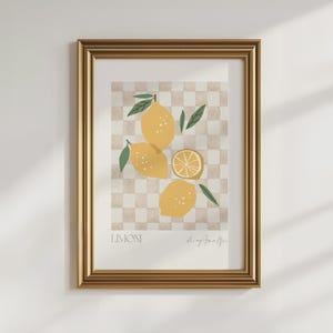 Lemon Printable Art Kitchen Wall Art, Lemon Poster Fruit Market Print, Checker Kitchen Decor Watercolor Fruit Print, Neutral Kitchen Decor image 6