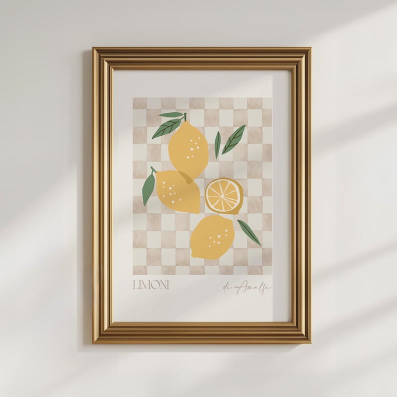 Lemon Printable Art Kitchen Wall Art, Lemon Poster Fruit Market Print, Checker Kitchen Decor Watercolor Fruit Print, Neutral Kitchen Decor image 6