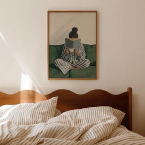 Bookish Wall Art: Woman Reading Print, Green Physical Print for Bedroom, Book Lover Wall Art image 4