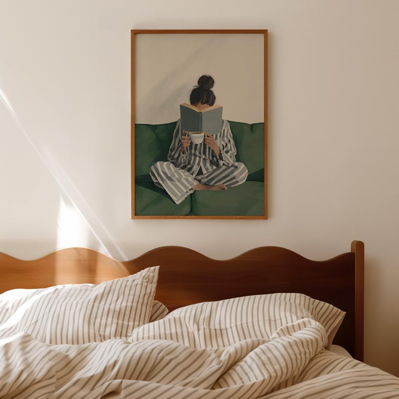 Bookish Wall Art: Woman Reading Print, Green Physical Print for Bedroom, Book Lover Wall Art image 4