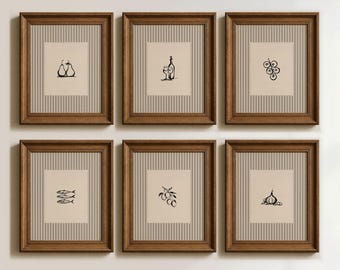 Conjunto de 6 pôsteres vintage para cozinha: arte de parede estilo casa de campo, ilustrações de comida em preto e branco, estampas listradas para sala de jantar (pôsteres físicos)