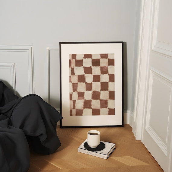 Brown Checkered Print Retro Wall Art, Minimalist Wall Art Painting Print, Cool Wall Art Retro Checkered Poster, Aesthetic Kitchen Decor