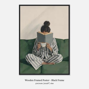 Bookish Wall Art: Woman Reading Print, Green Physical Print for Bedroom, Book Lover Wall Art Premium Matte Paper Wooden Framed Poster - Black frame