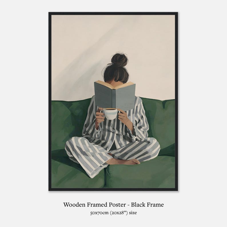 Bookish Wall Art: Woman Reading Print, Green Physical Print for Bedroom, Book Lover Wall Art Premium Matte Paper Wooden Framed Poster - Black frame