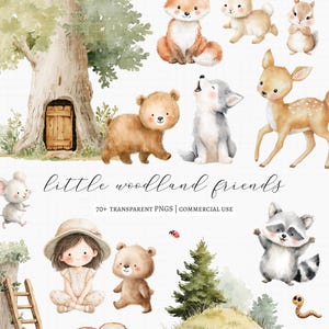 Może przedstawiać: Akwarelowe ilustracje leśnych zwierząt, w tym lisa, królika, jelenia, niedźwiedzia, wilka i szopa pracza. Przedstawiono również małą dziewczynkę w kapeluszu i drzewo z drzwiami. Tekst brzmi "little woodland friends" i "70+ przezroczystych PNG | do użytku komercyjnego."