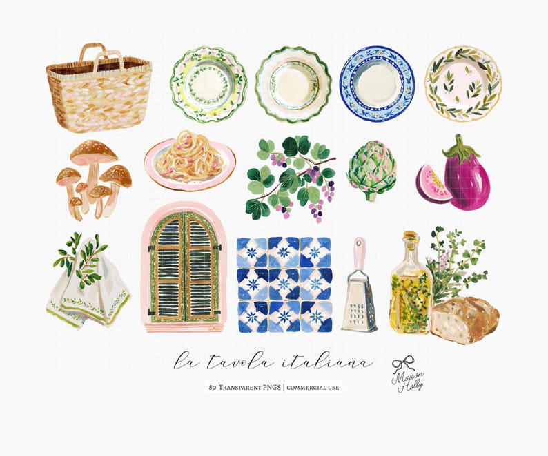 Bring the warmth of an Italian table into your designs with this refined collection of food, kitchen, and lifestyle elements, inspired by Mediterranean summers and the timeless feeling of la dolce vita. This set brings together Italian food, kitchen elements, and everyday table details — from pasta dishes and fresh ingredients to ceramics, linens, and small café touches. 

• Menu design & restaurant branding
• Wedding stationery & dinner party invitations
• Recipe cards & kitchen prints